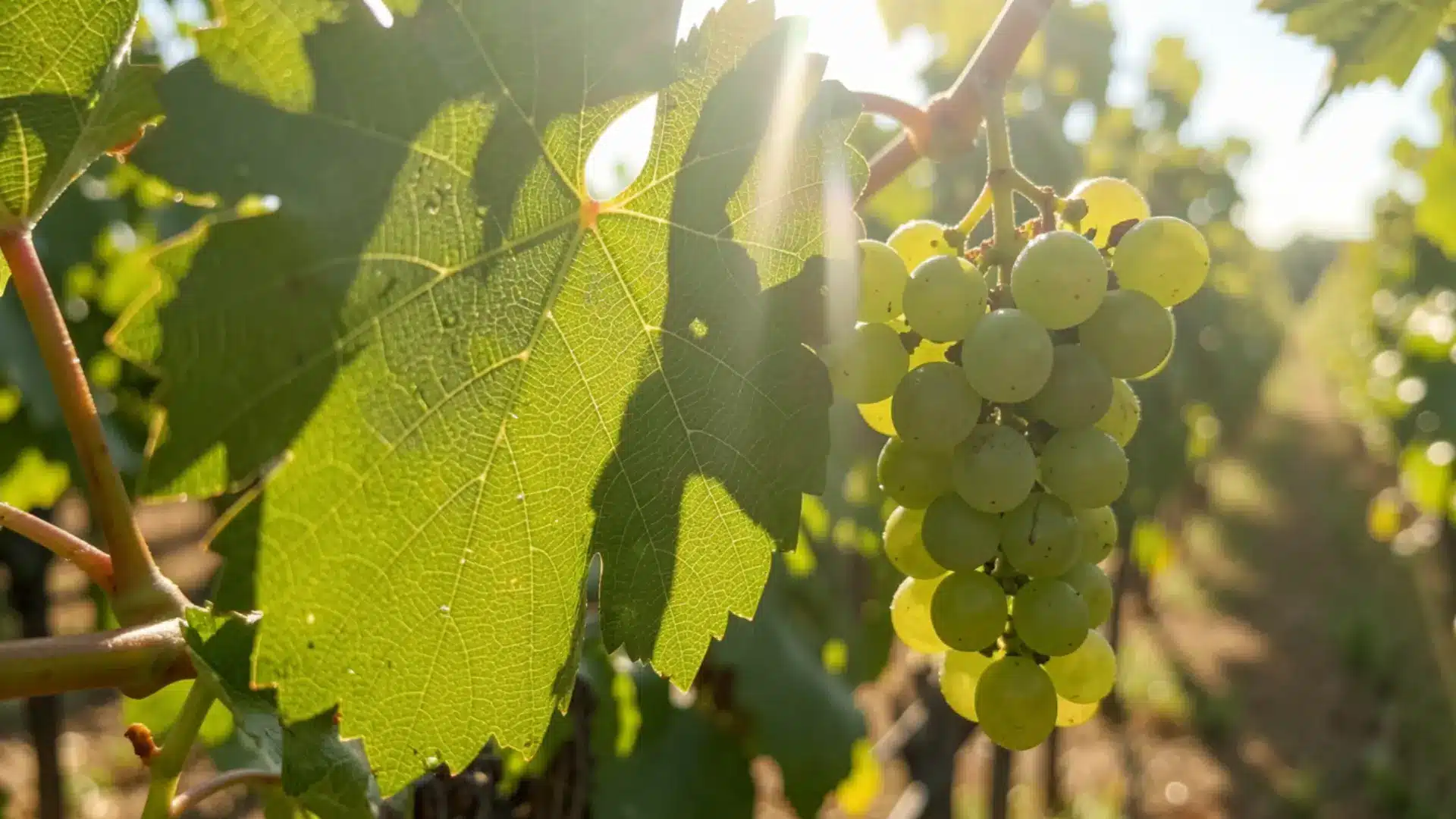 sunlight shining through grape leaves showing why grapes need full sun