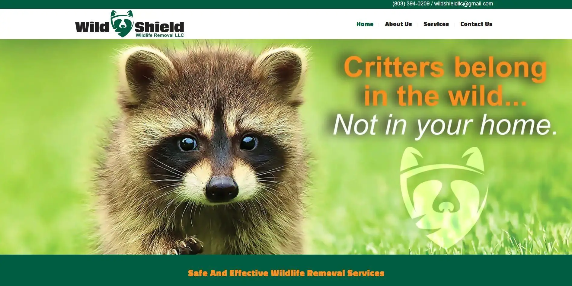 Young raccoon on green grass background with wildlife removal service text overlay.