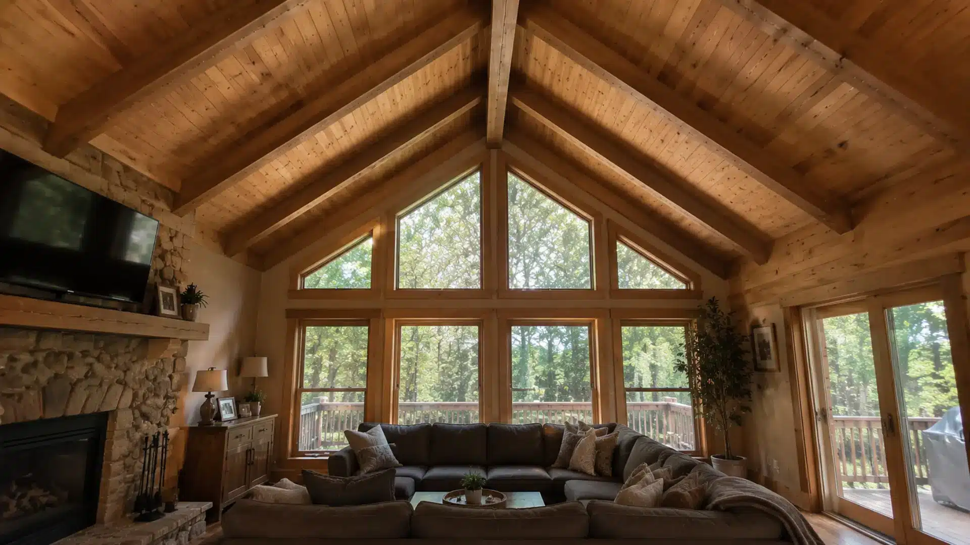 wooden vaulted ceiling with tongue and groove pine paneling and exposed beams