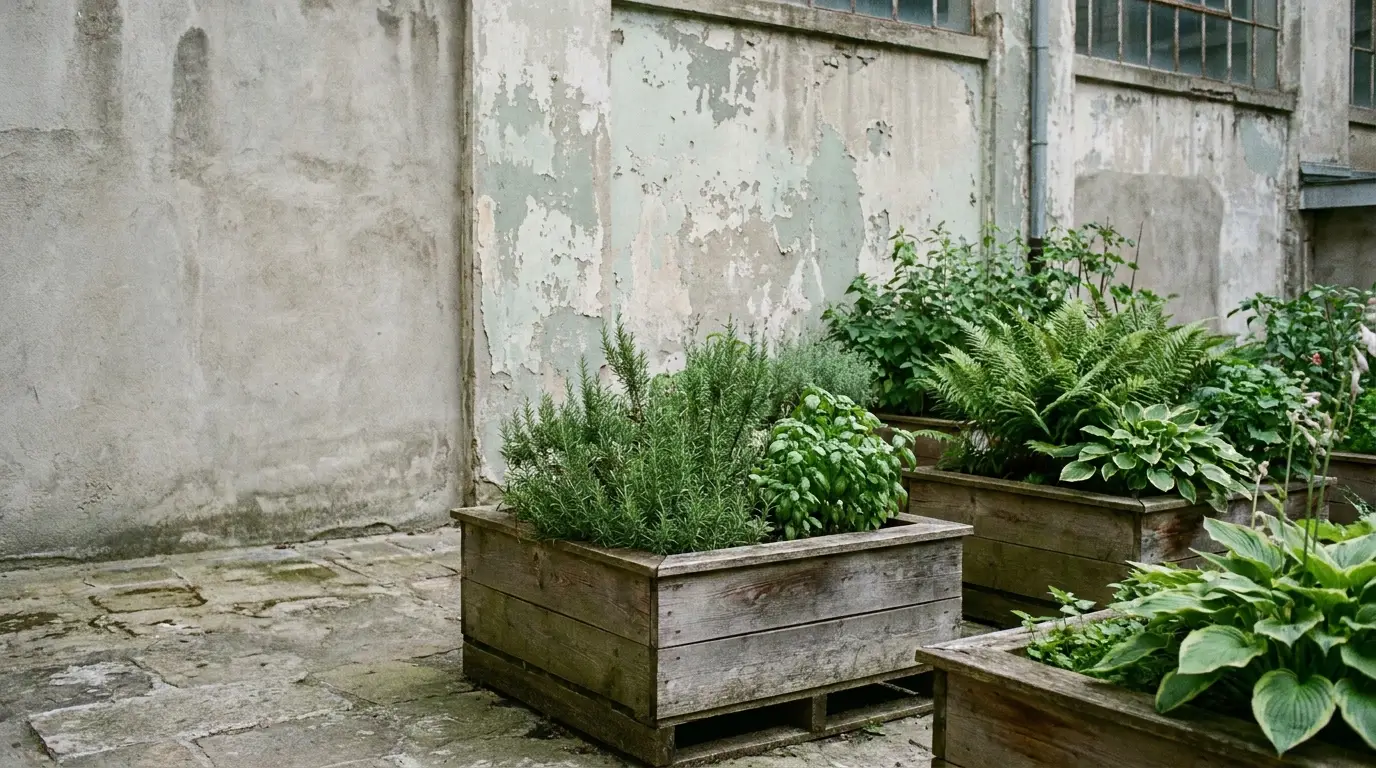 Wooden planters with lush herbs and plants against weathered concrete wall in an urban garden setting