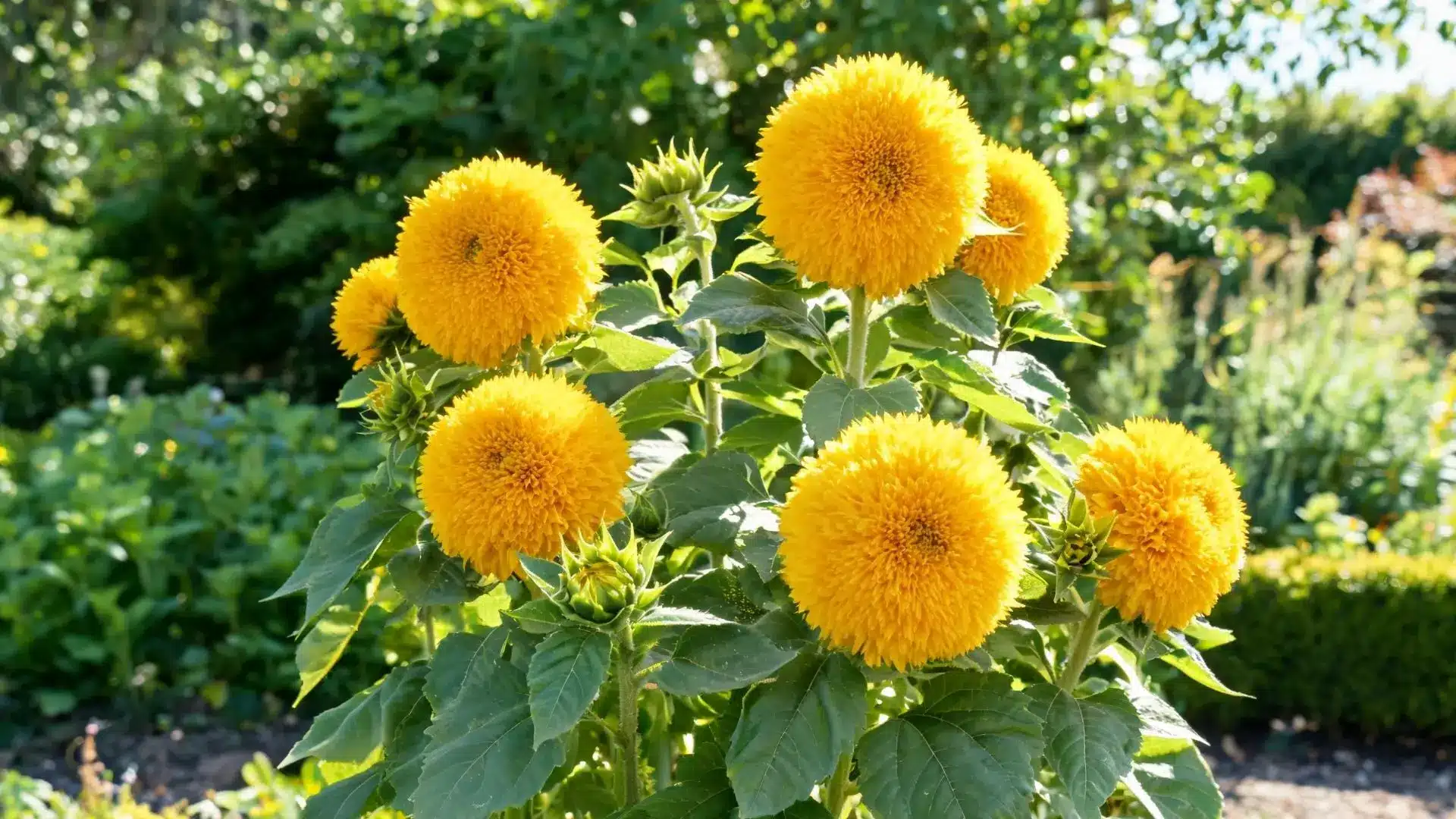 yellow double bloom sunflowers with rounded petals and green foliage growing in a bright garden setting with soft background blur