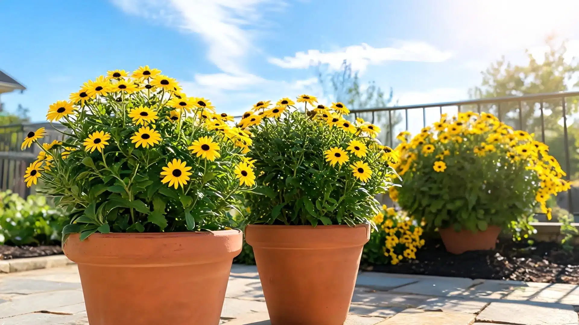 yellow flowers with dark centers growing in terracotta pots on a sunny patio with green foliage and blue sky background