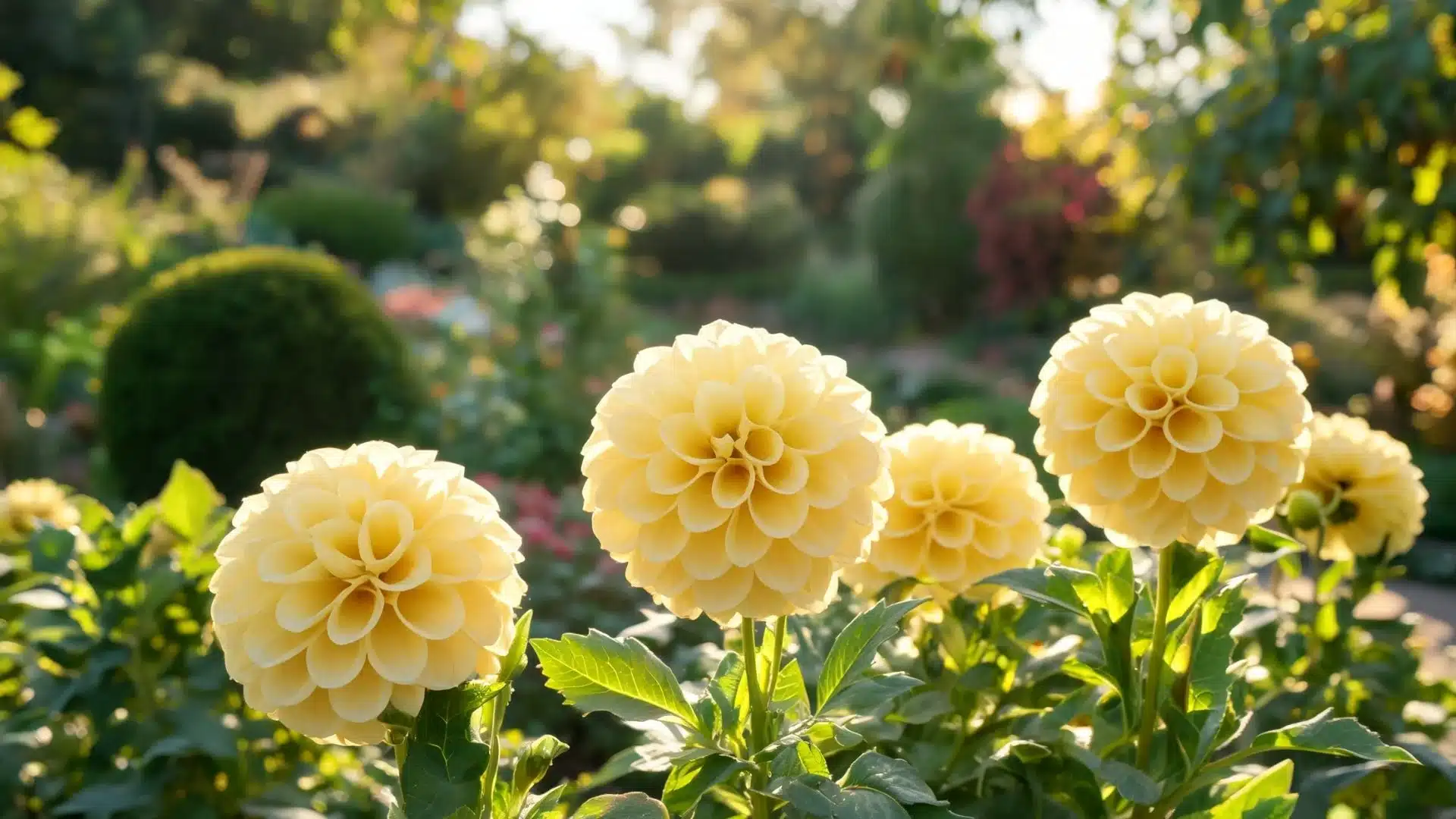 yellow layered flowers with rounded blooms and green foliage in a bright outdoor setting