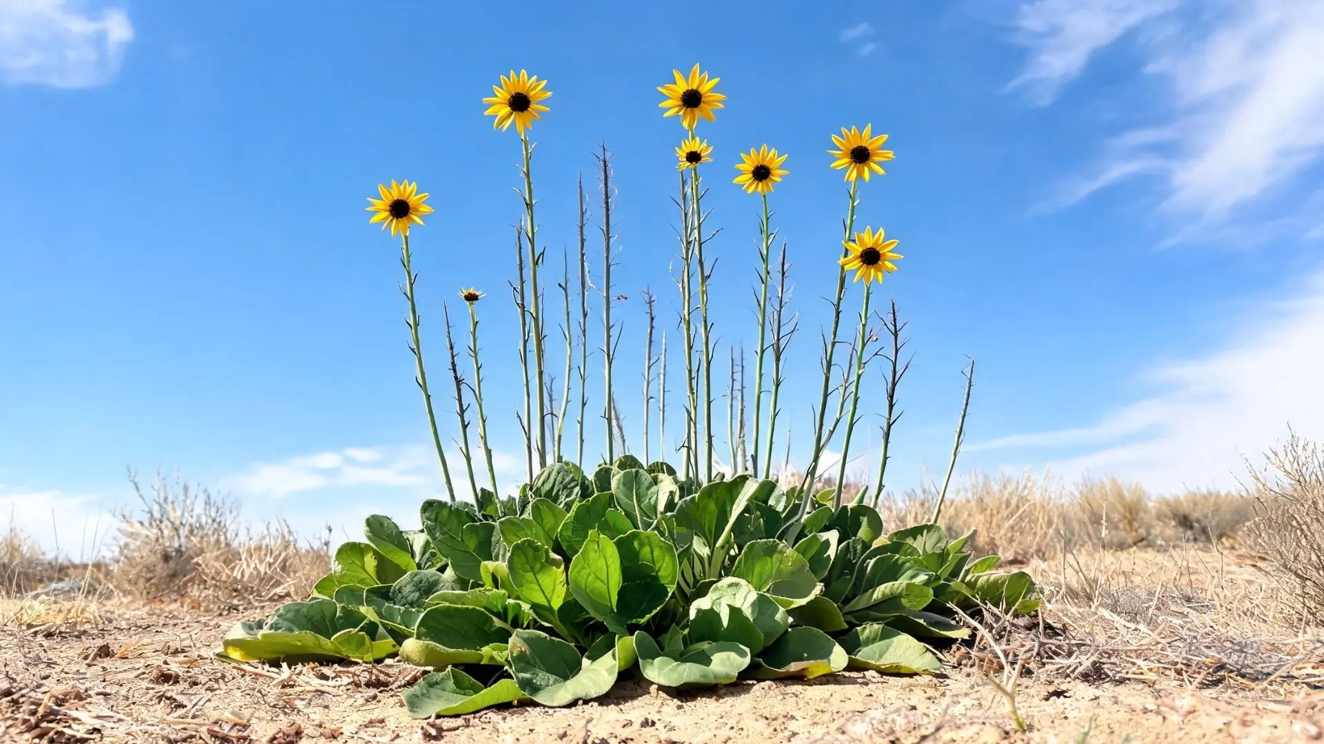 yellow sunflowers growing in a dry landscape with green leaves sandy ground and clear blue sky background
