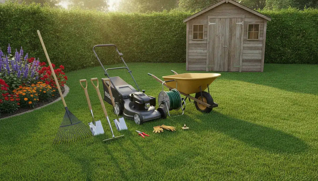 Lawn mower, wheelbarrow, and garden tools on grass beside wooden shed in sunny garden setting