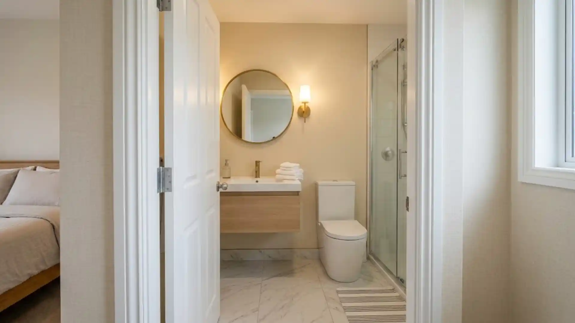3/4 bathroom with cream wallpaper viewed from adjoining bedroom