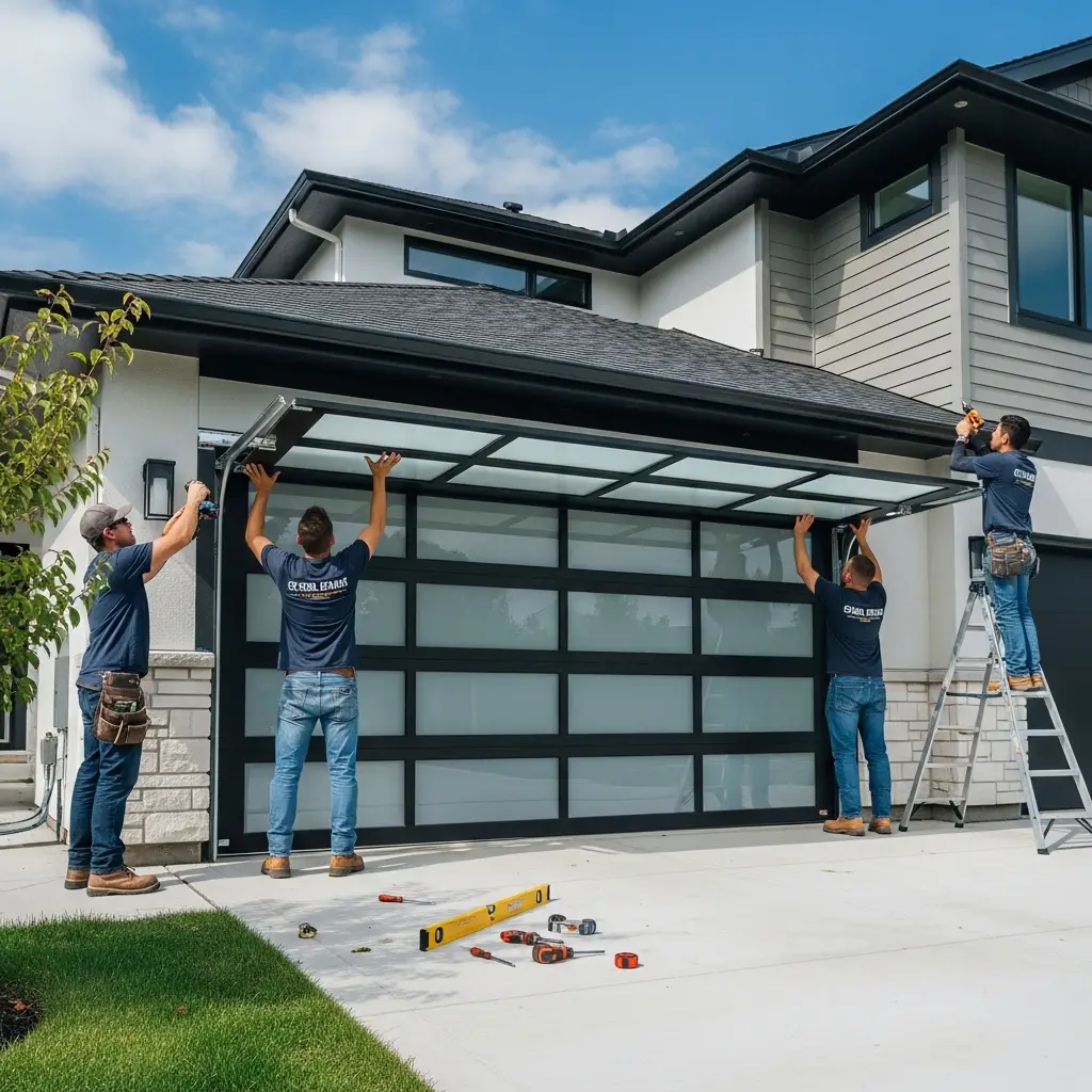 Team of workers installing glass panel garage door on modern house exterior