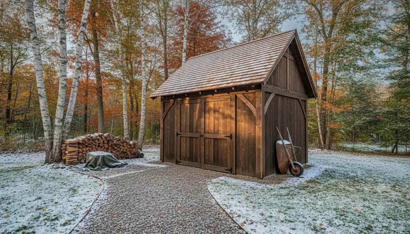 Wooden shed in snowy autumn forest with stacked firewood and wheelbarrow nearby