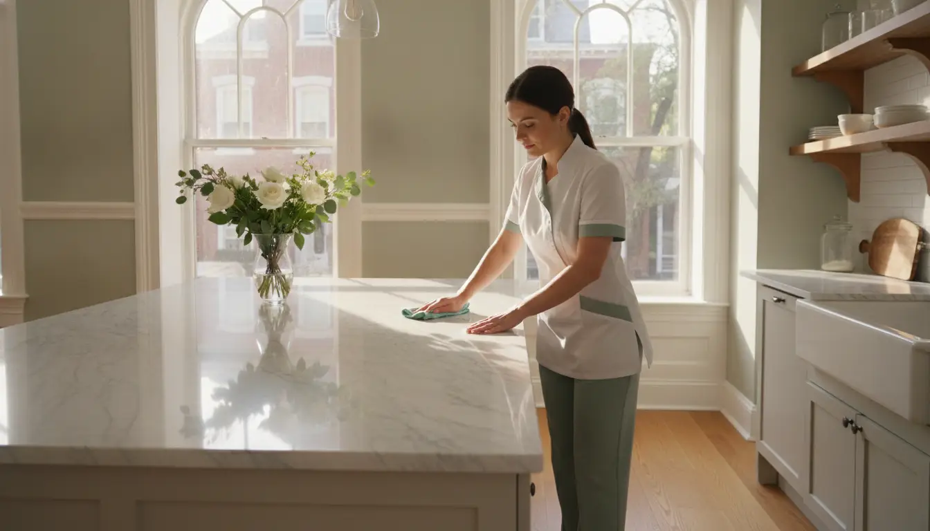 Woman cleaning marble countertop in bright kitchen with large windows and flower vase