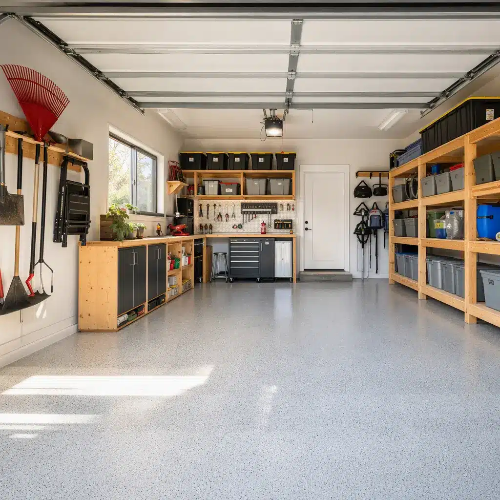 Organized garage with tools, shelves of storage bins, and a workbench under bright lighting