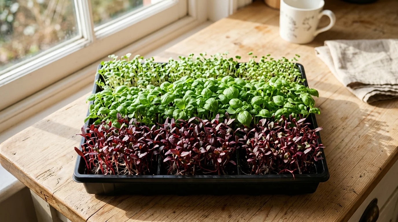 a black tray of green and purple microgreens sits on a wooden table beside a sunlit window, mug, and folded cloth