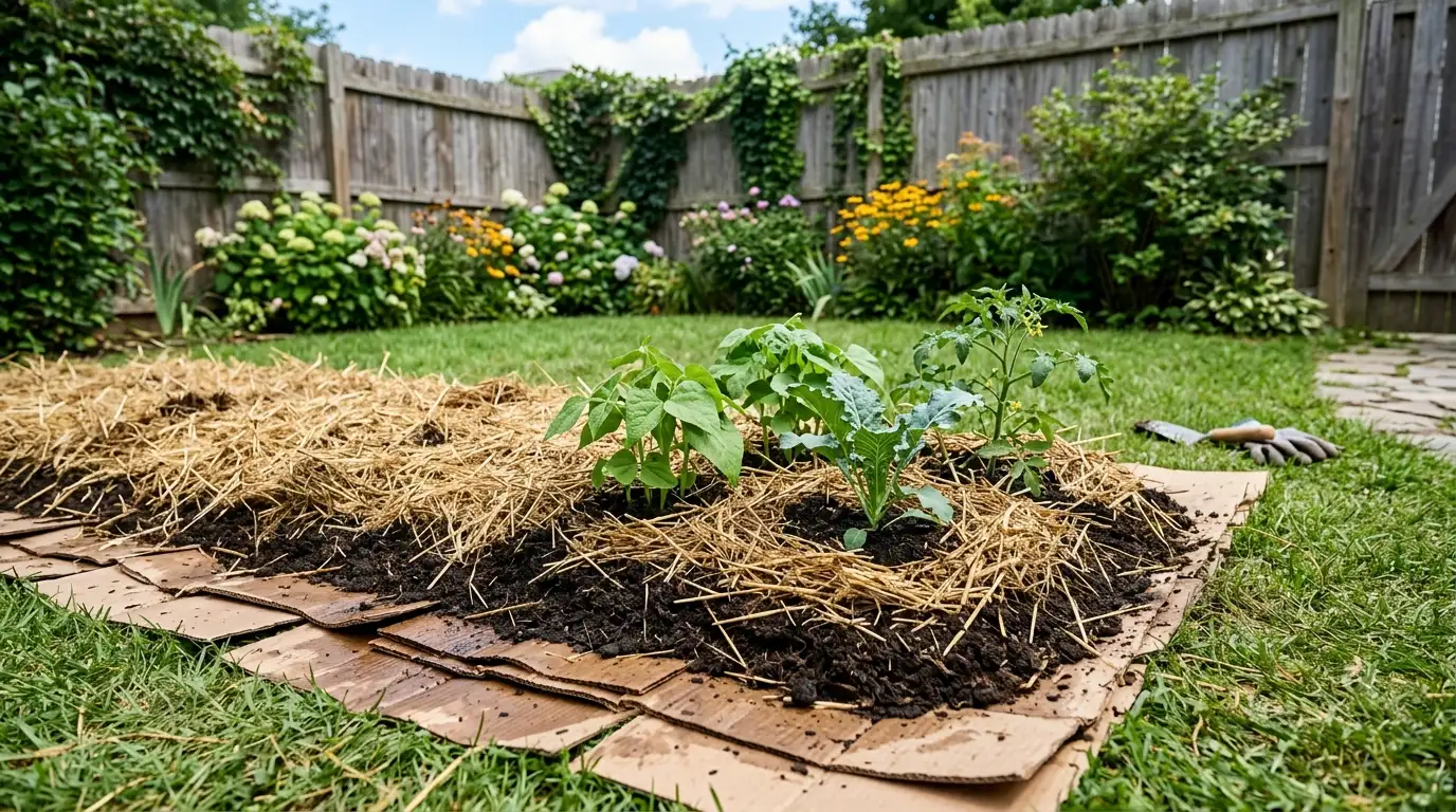 a garden bed filled with straw and various green plants showcasing a healthy garden environment