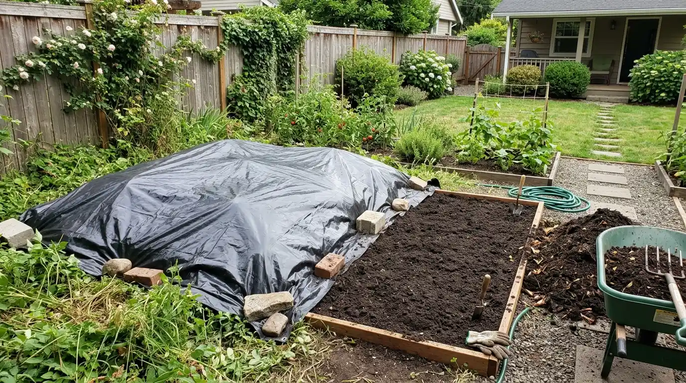 a garden with a tarp covering the soil, protecting it from weeds and retaining moisture for future planting