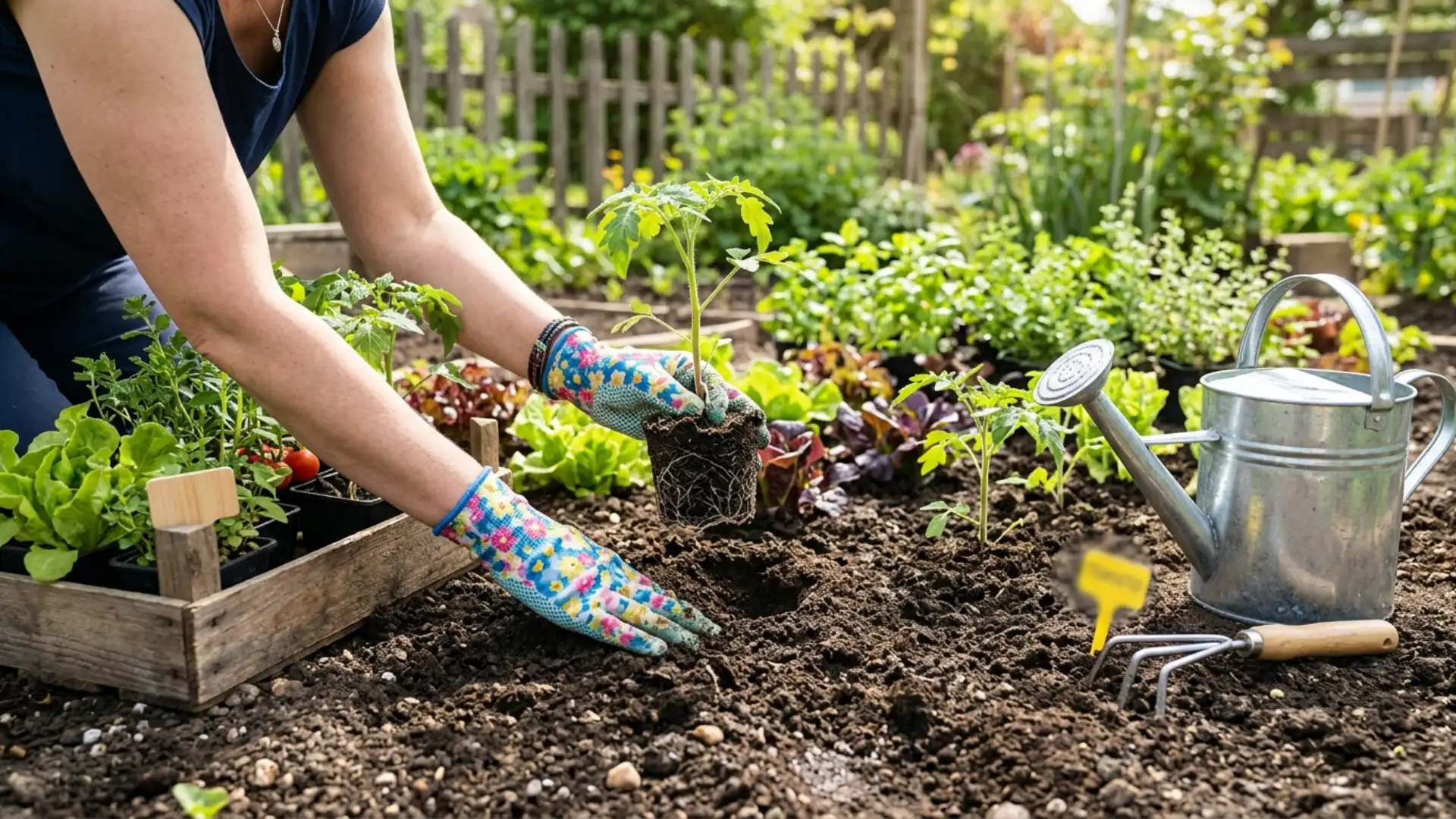 a gardener wearing gloves plants a seedling in a raised vegetable bed beside a watering can and hand cultivator