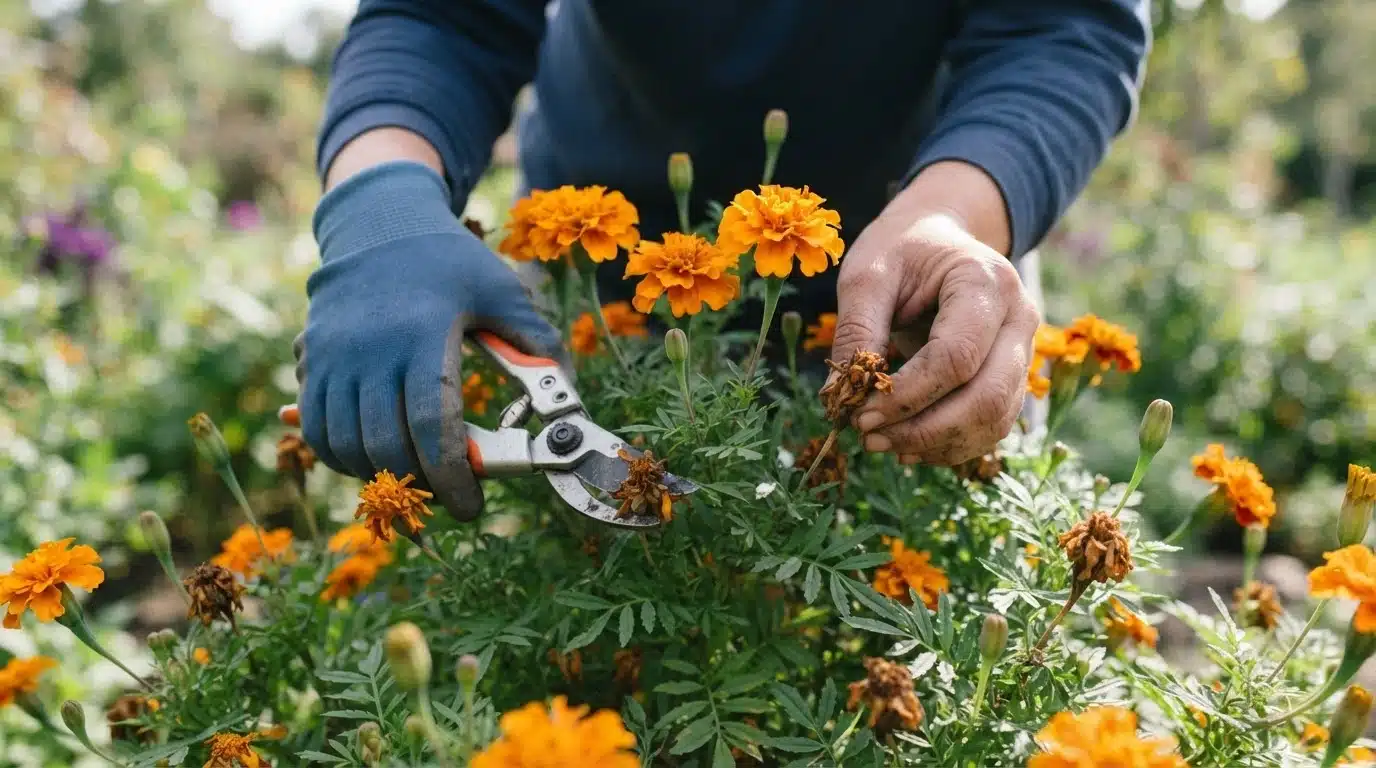 a gardener wearing gloves uses pruning shears to remove wilted blooms from orange marigold plants