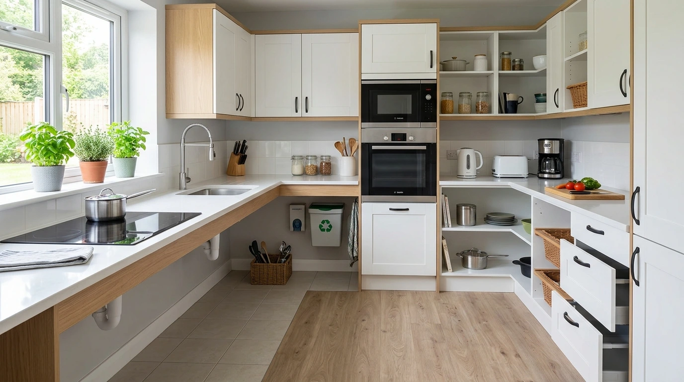 a modern kitchen featuring a sink, oven, and microwave, showcasing a clean and organized cooking space