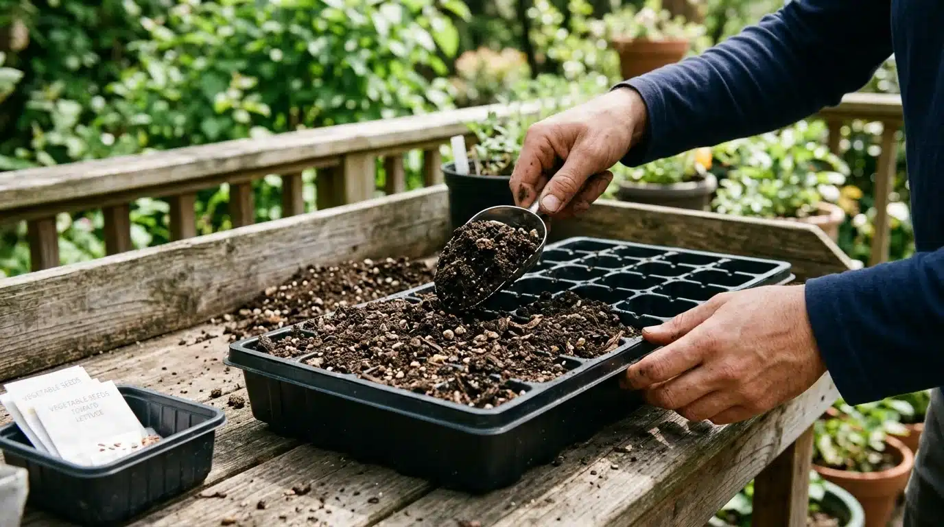 a person fills a divided seed-starting tray with potting soil using a hand scoop on a wooden garden table