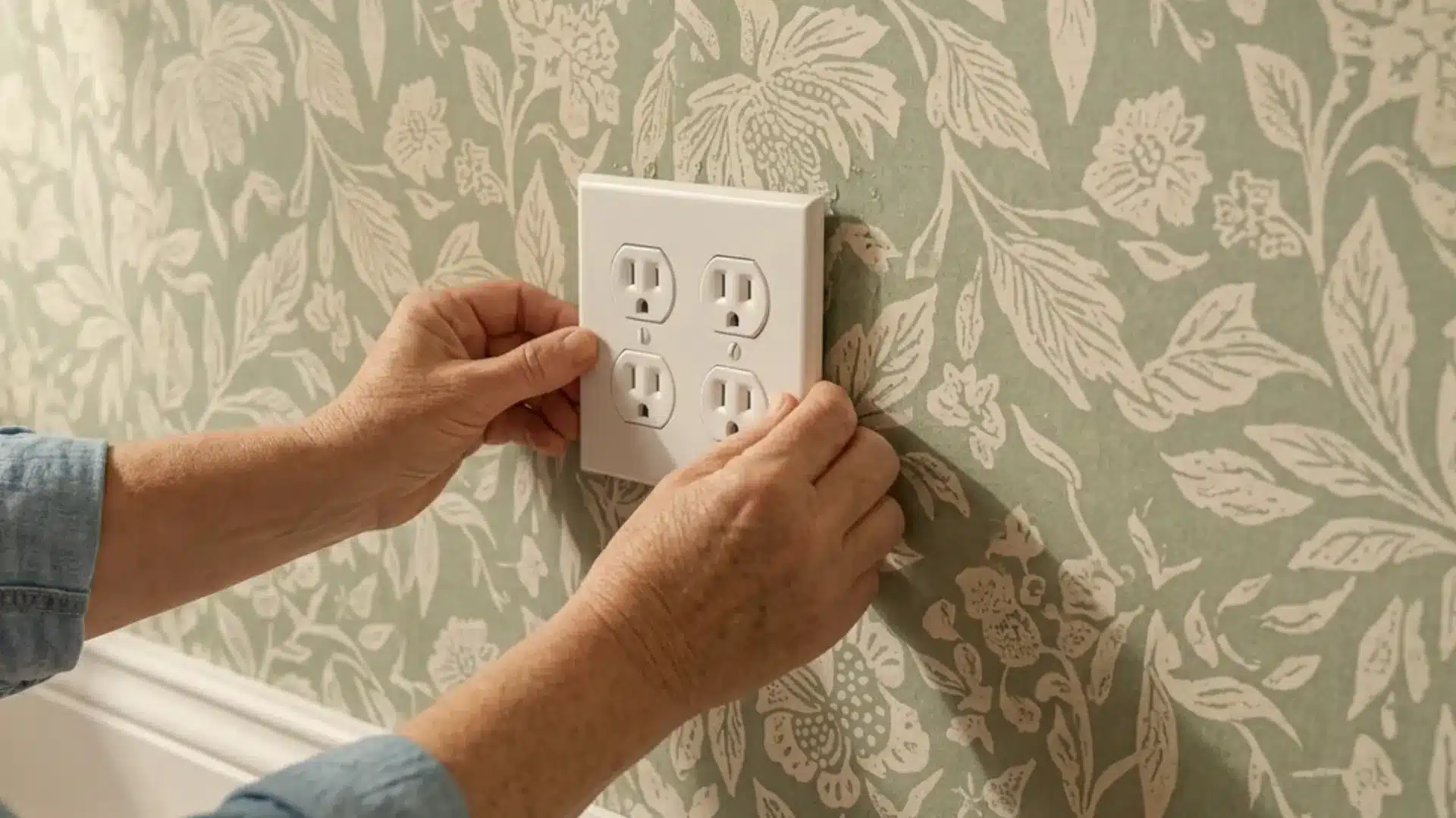 a person fitting a double outlet cover back onto a wall over sage green floral wallpaper near the baseboard