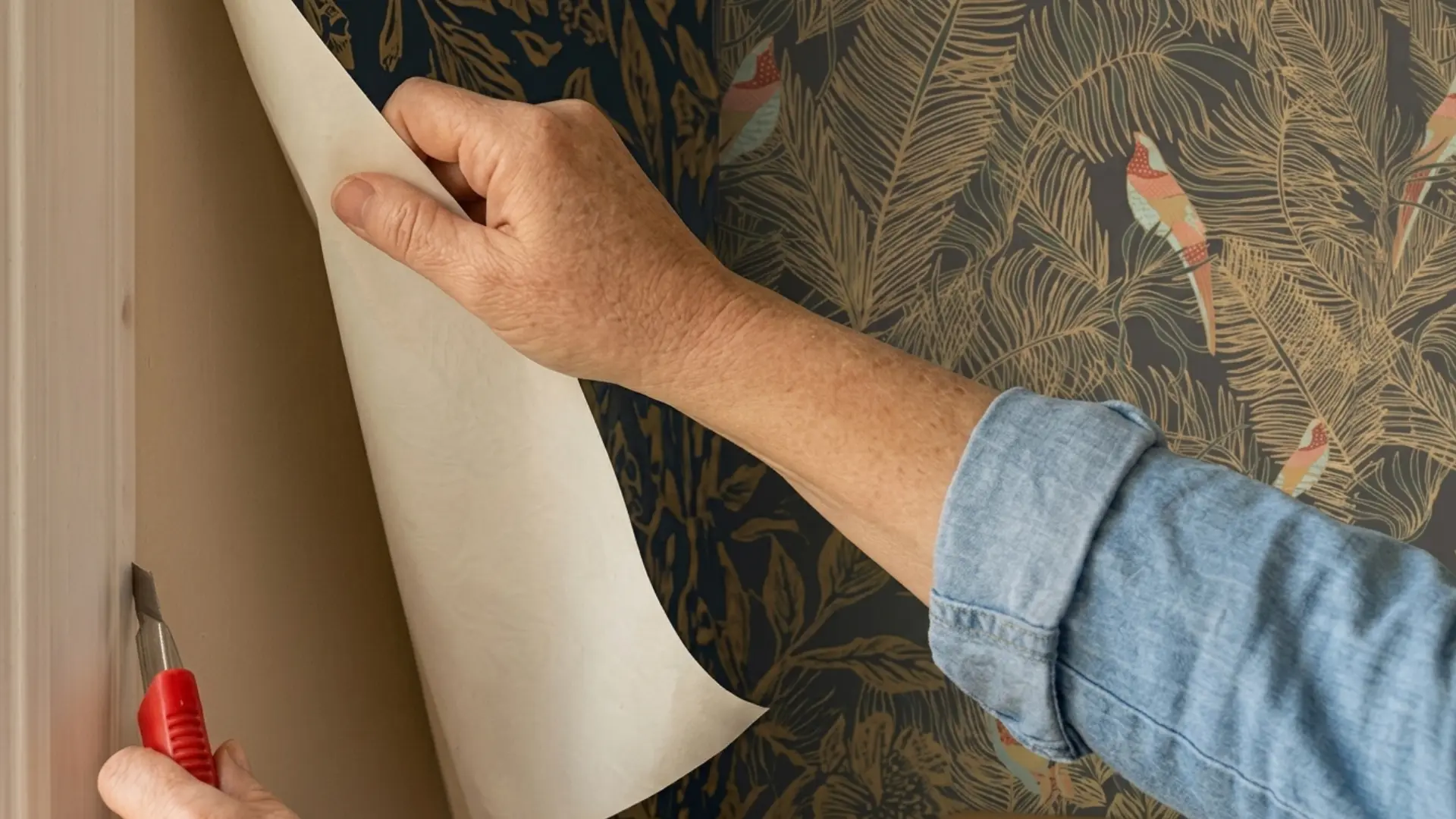 a person holding back wallpaper edge while trimming it with a utility knife near a door frame