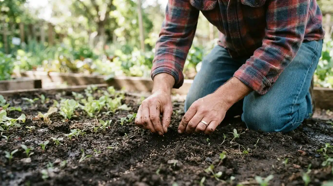a person in a plaid shirt kneels in a garden bed, planting a small seedling in dark soil among rows of sprouts