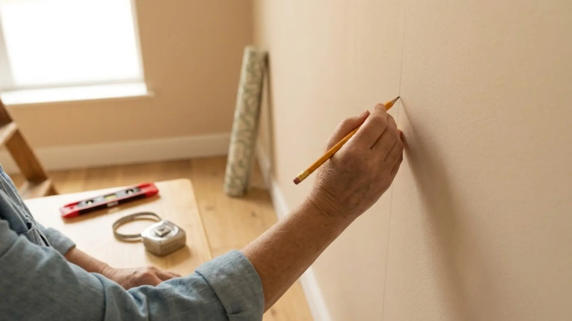 a person marking a vertical guideline on a beige wall with a pencil while a level and tape rest nearby