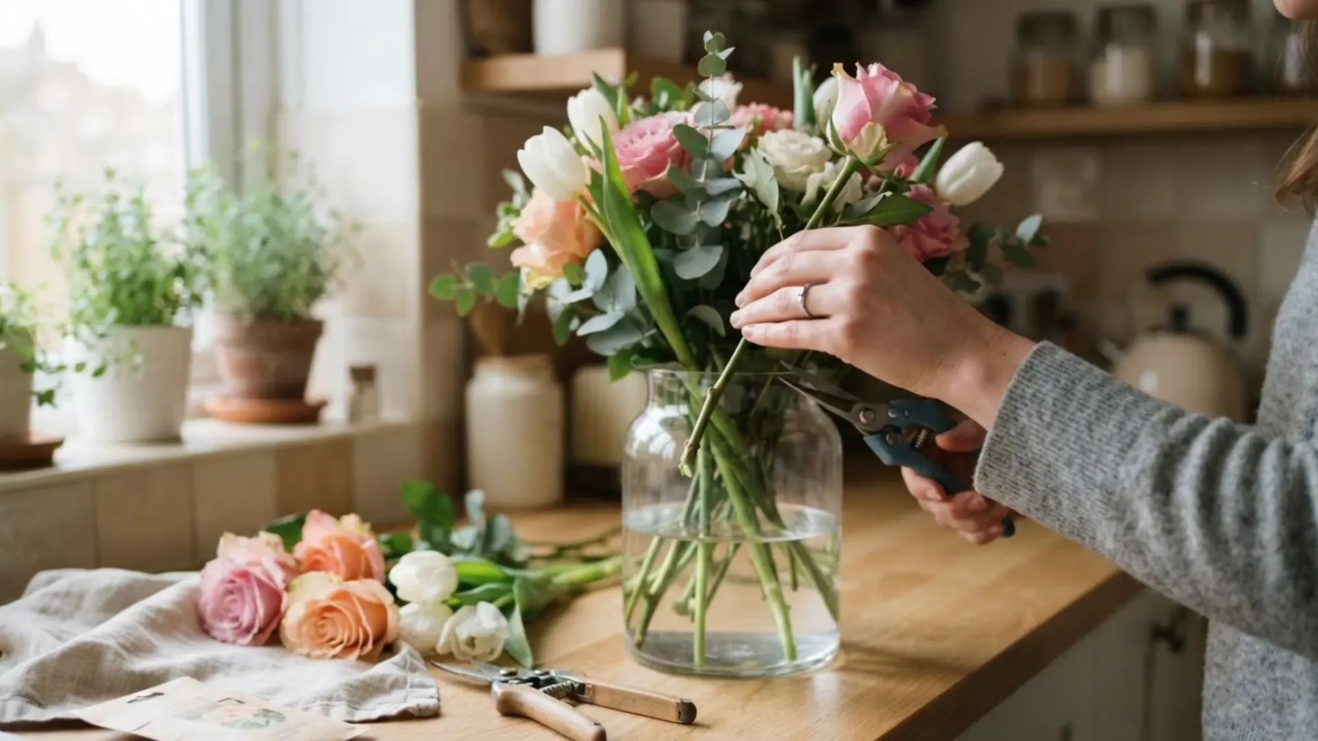 a person trimming rose and tulip stems before placing them into a clear glass vase