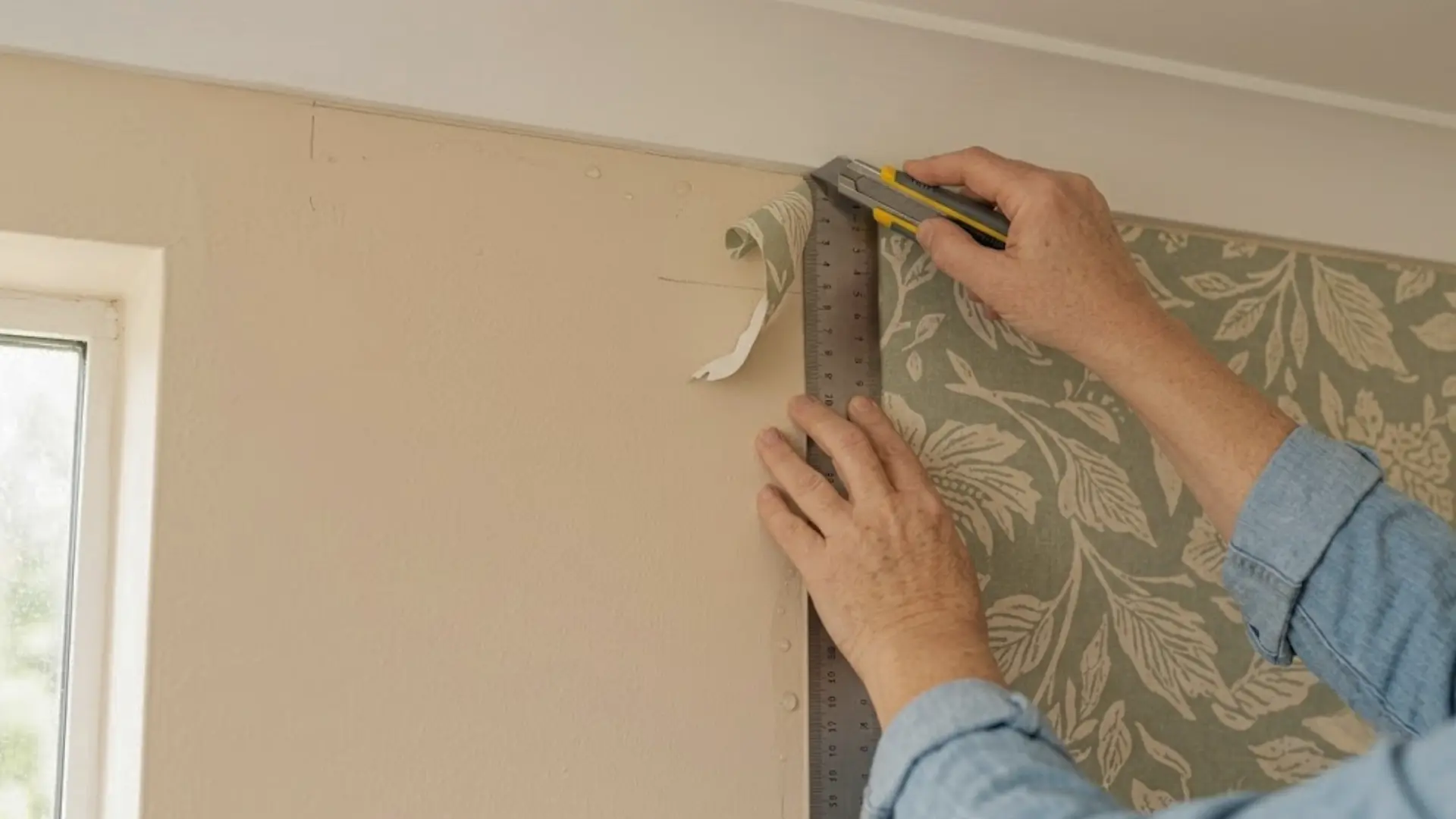 a person using a ruler and utility knife to trim excess wallpaper along the ceiling line