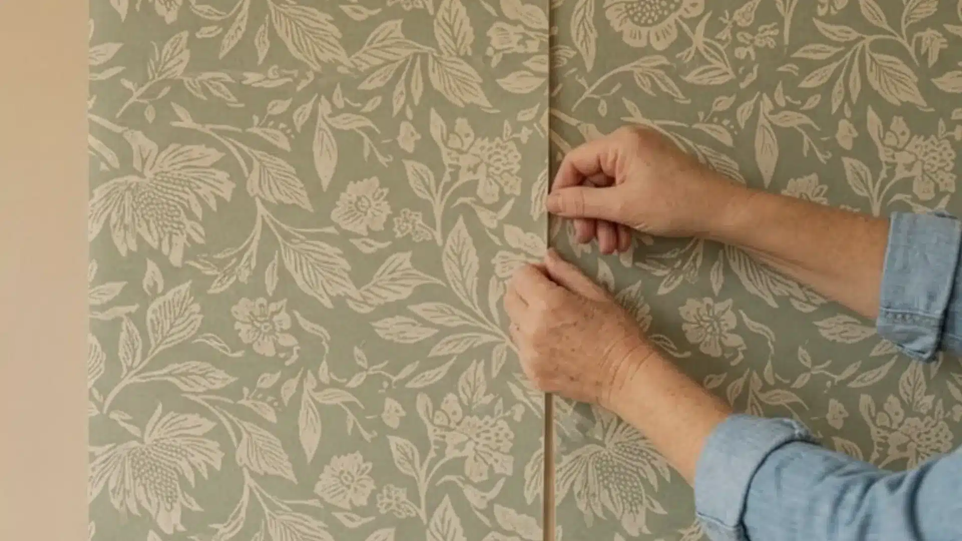 a person using a seam roller to press down a wallpaper seam between two matched strips