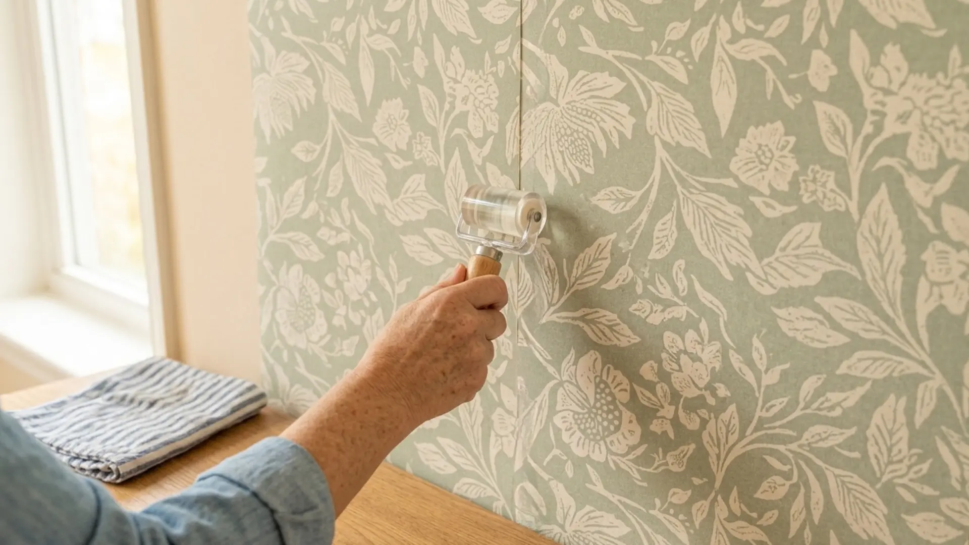 a person using a wooden seam roller to press down a wallpaper seam between two floral strips