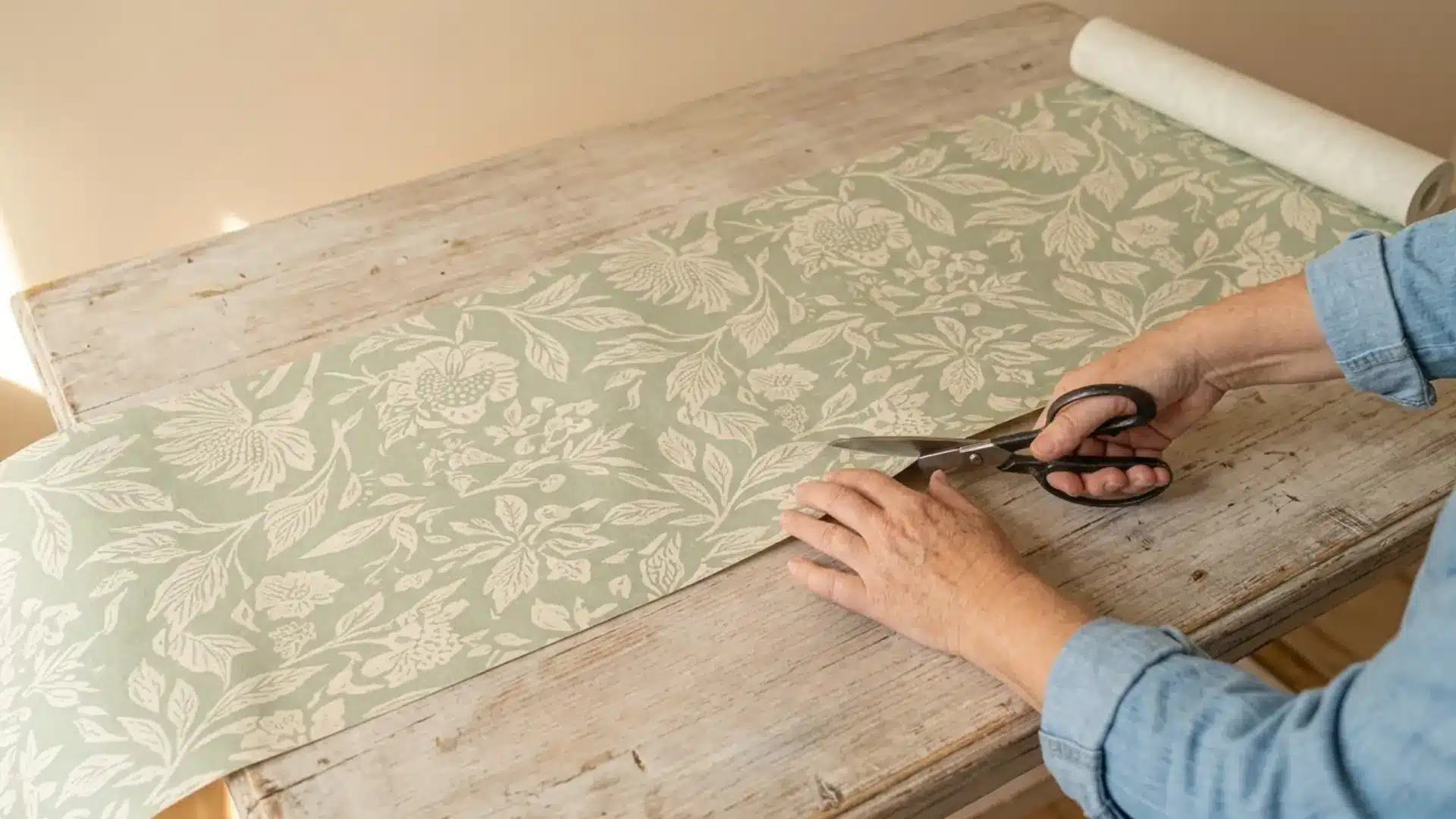 a person using scissors to cut a strip of sage green floral wallpaper laid across a weathered wooden table