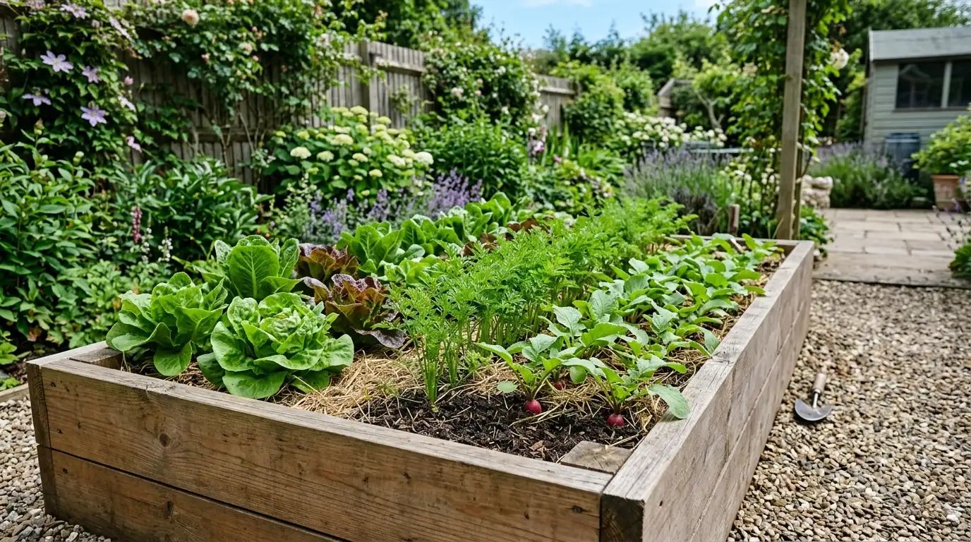 a raised garden bed filled with various vegetables and herbs, showcasing vibrant green foliage and healthy growth
