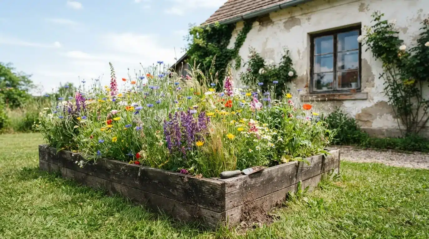 a raised wooden garden bed overflowing with colorful wildflowers sits beside a weathered stucco house with ivy and a window