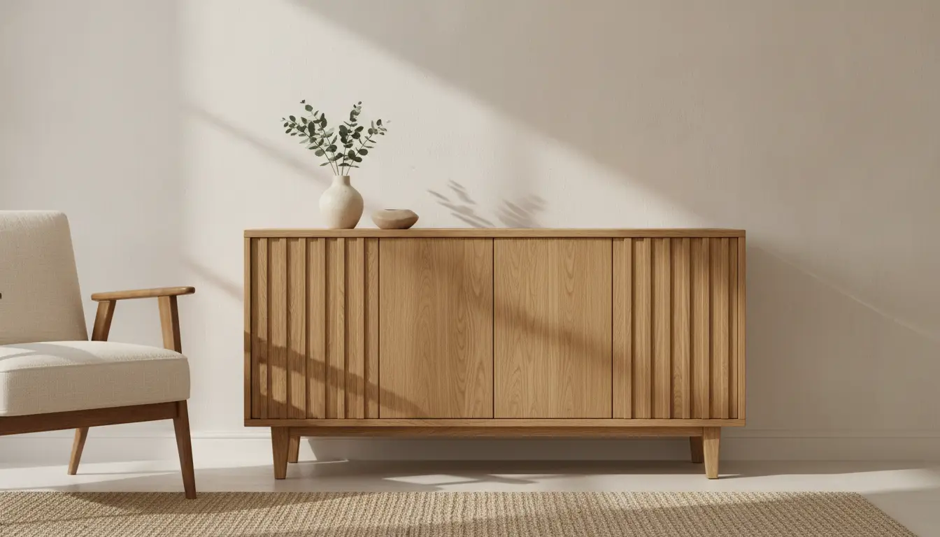 Mid-century modern wooden sideboard with potted eucalyptus in sunlit living room