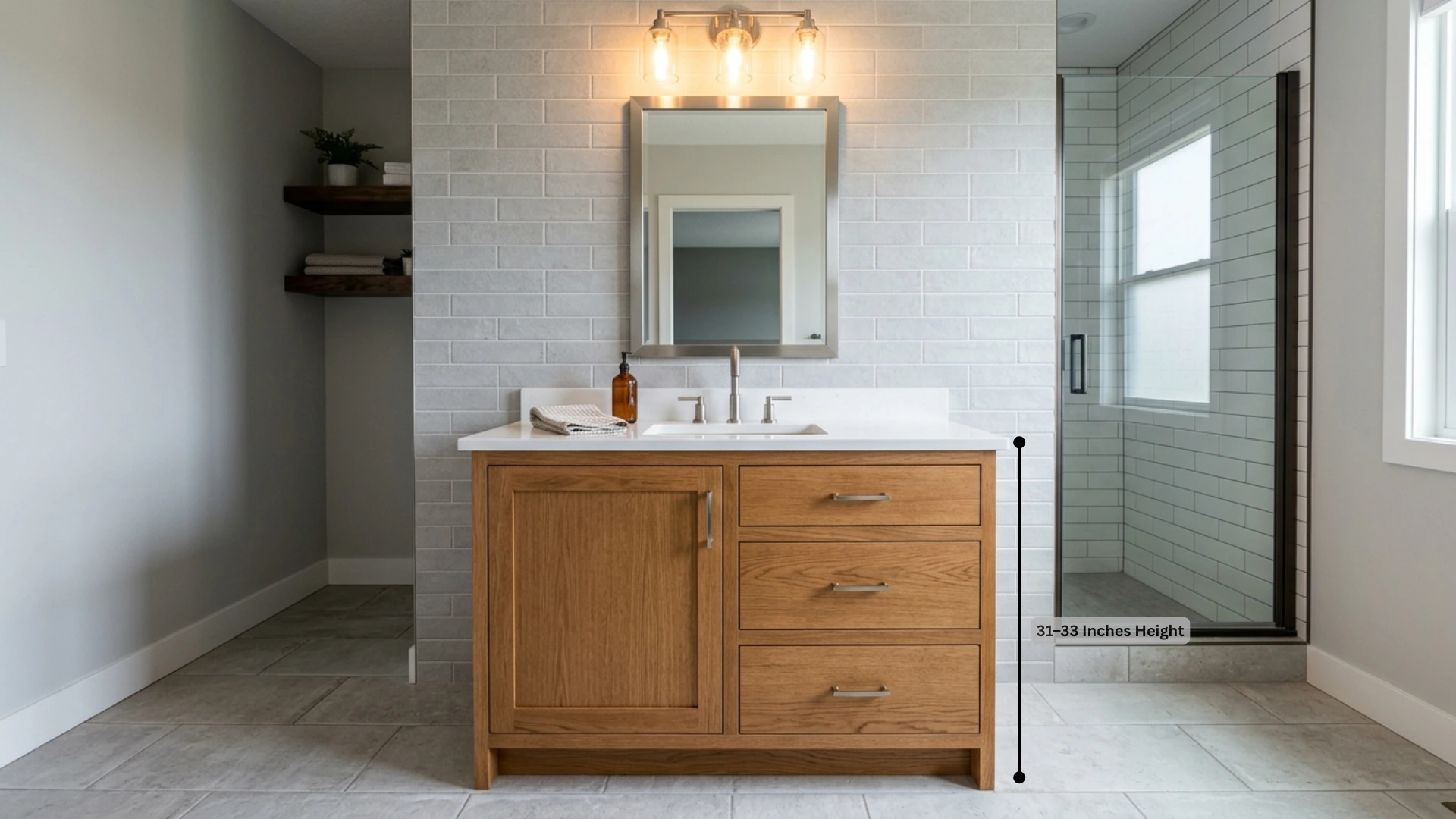 a stylish bathroom showcasing a wooden vanity alongside a spacious shower