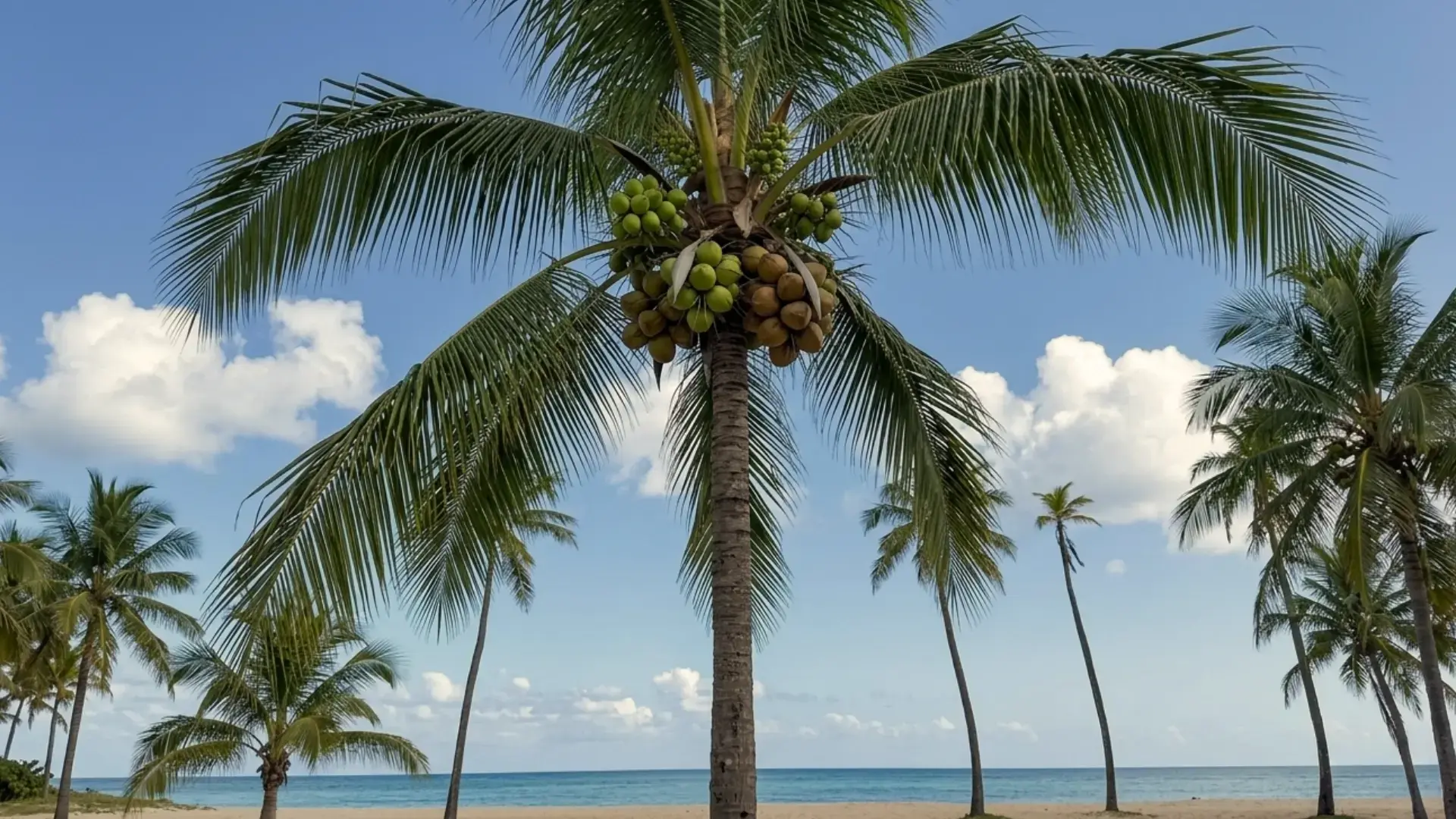 a tall coconut palm tree with green fruit growing near a row of palms along the shoreline