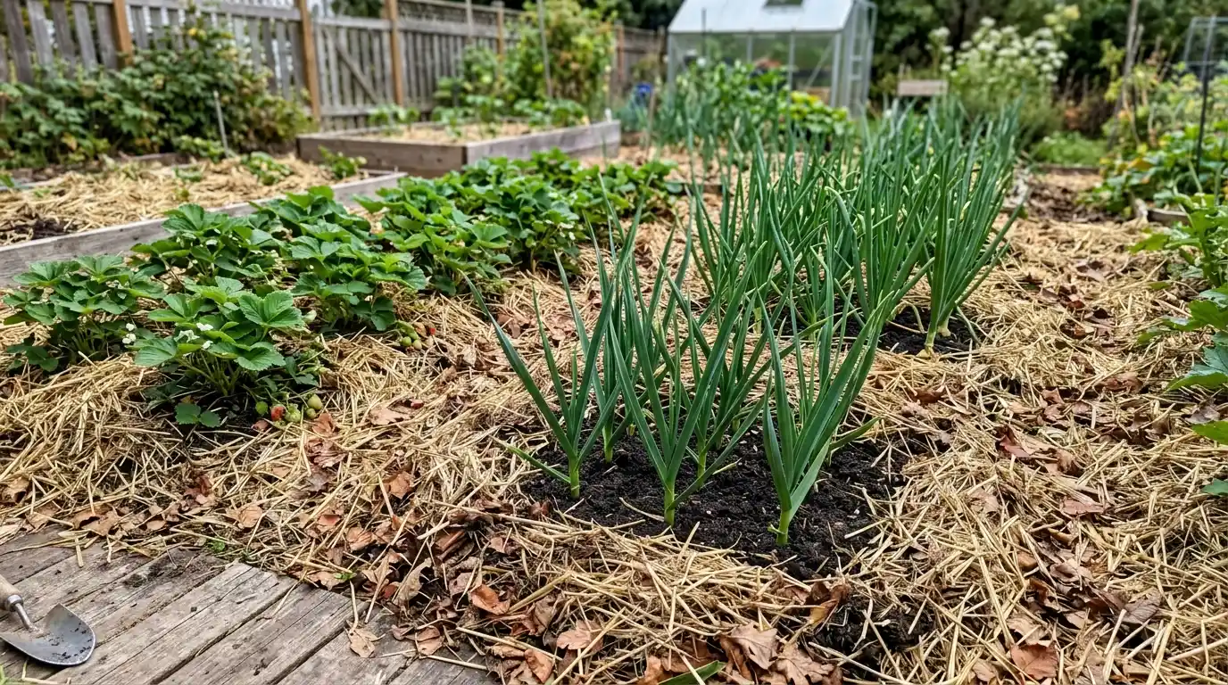 a well-maintained garden showcasing diverse plants set against a backdrop of healthy grass
