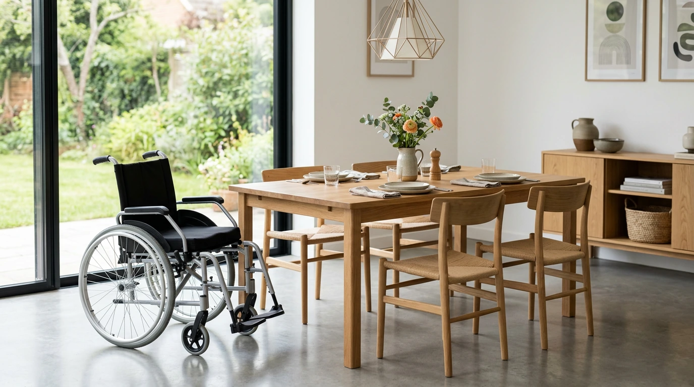 a wheelchair positioned centrally in a dining room, surrounded by chairs and a table, indicating accessibility
