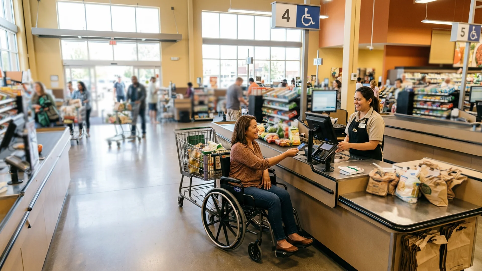a woman in a wheelchair navigates the aisles of a grocery store while shopping for groceries