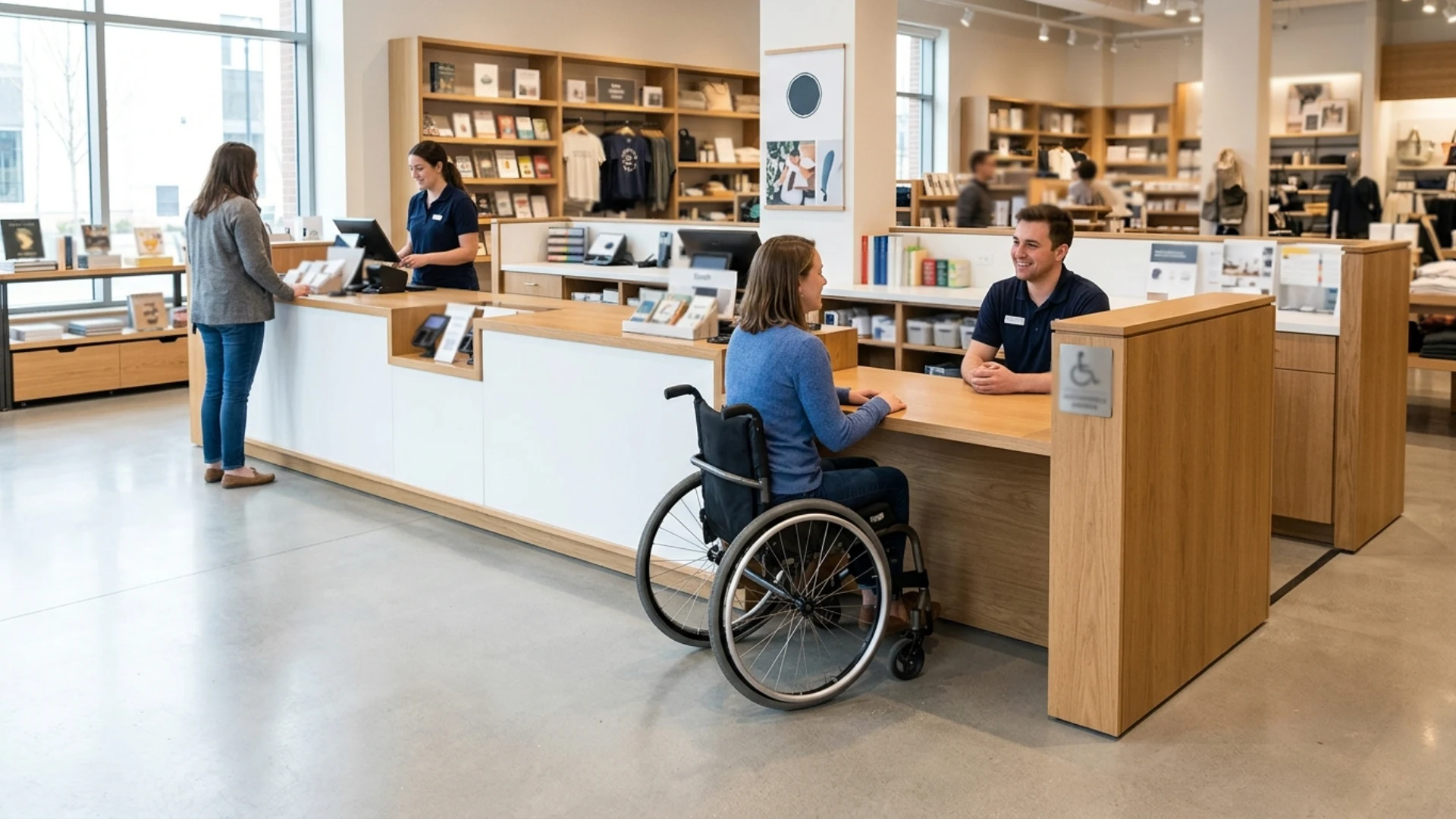 a woman using a wheelchair is positioned at a store counter, making a purchase or asking for assistance