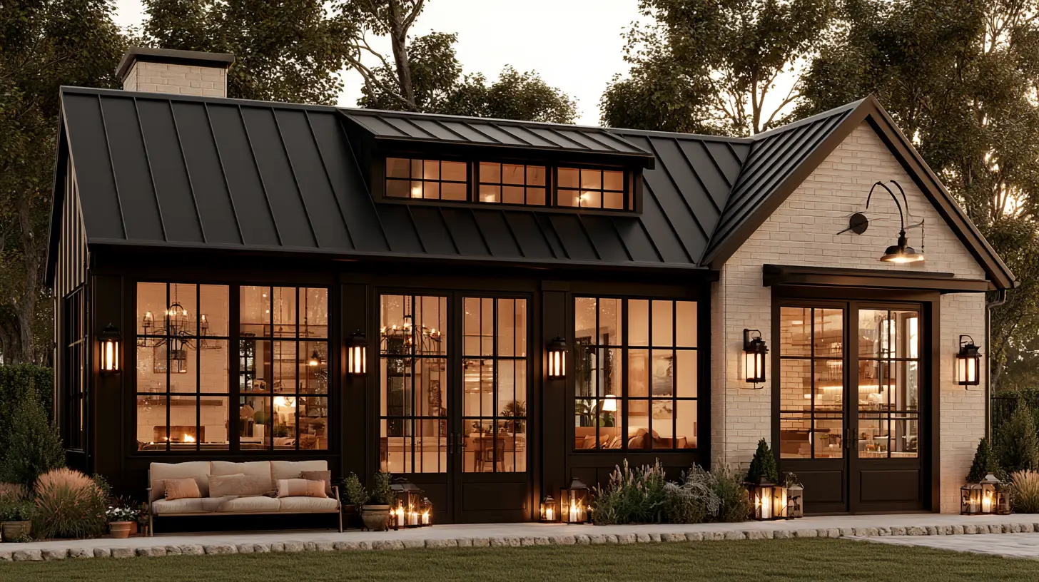 Modern farmhouse with large glass windows and patio seating, surrounded by lush greenery and lanterns