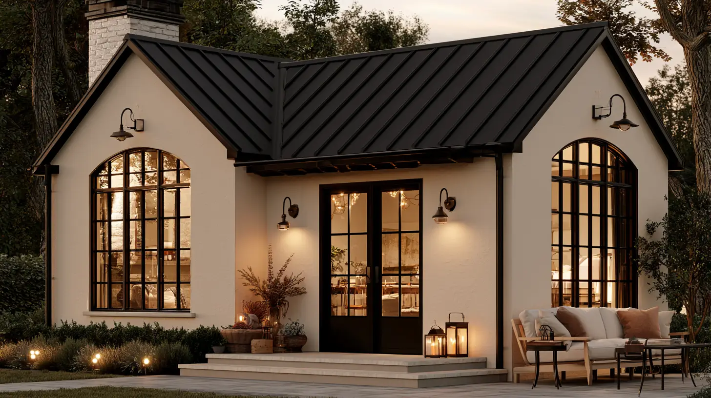 Cozy cottage exterior with large windows and outdoor seating at dusk