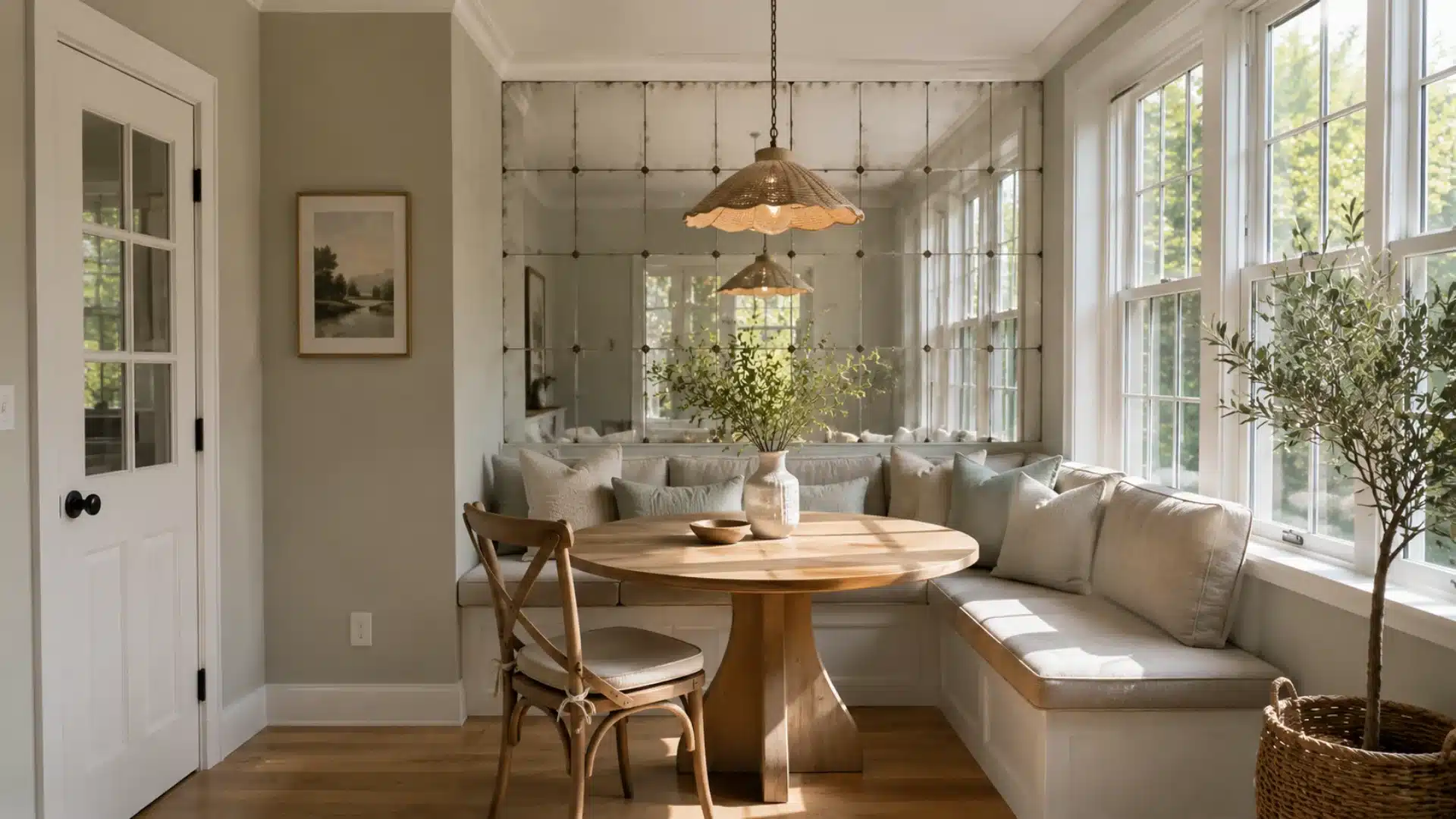 antique mirrored wall above a cushioned banquette with a round wooden table in a sunroom