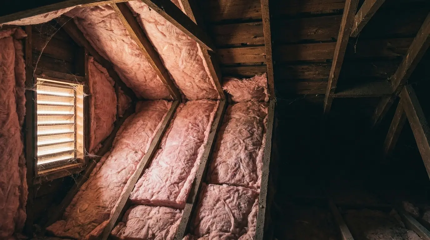 Pink fiberglass insulation in a dimly lit attic with exposed wooden beams and small window