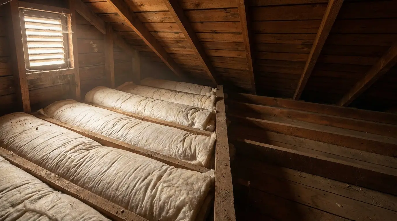 Fiberglass insulation rolls in an unfinished attic with wooden beams and natural light