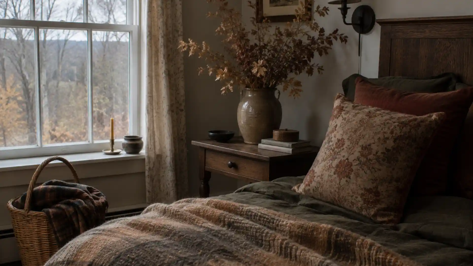 autumn styled cottage bedroom with wool blanket and dried foliage