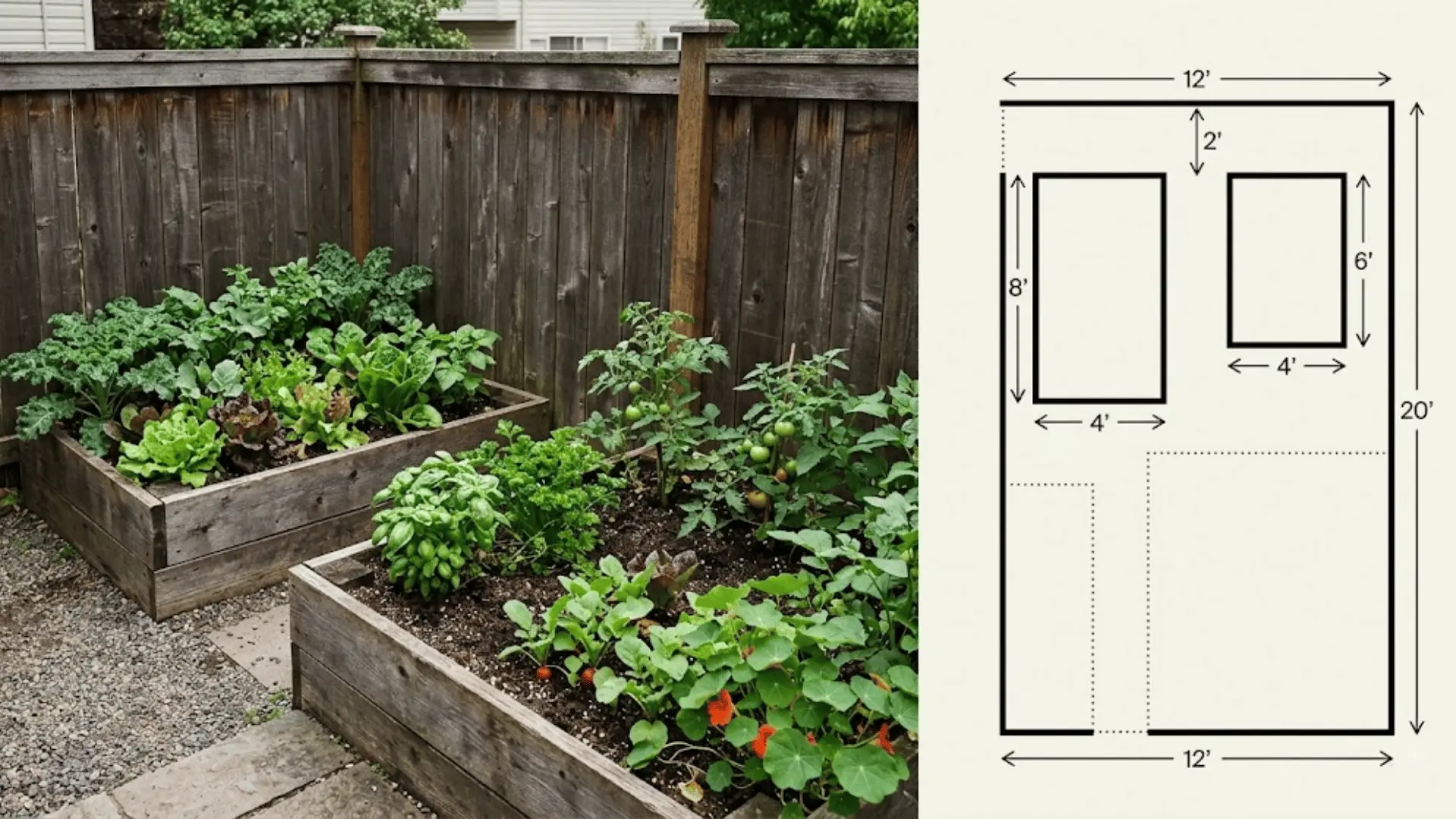 backyard raised beds against a fence beside a bed placement diagram