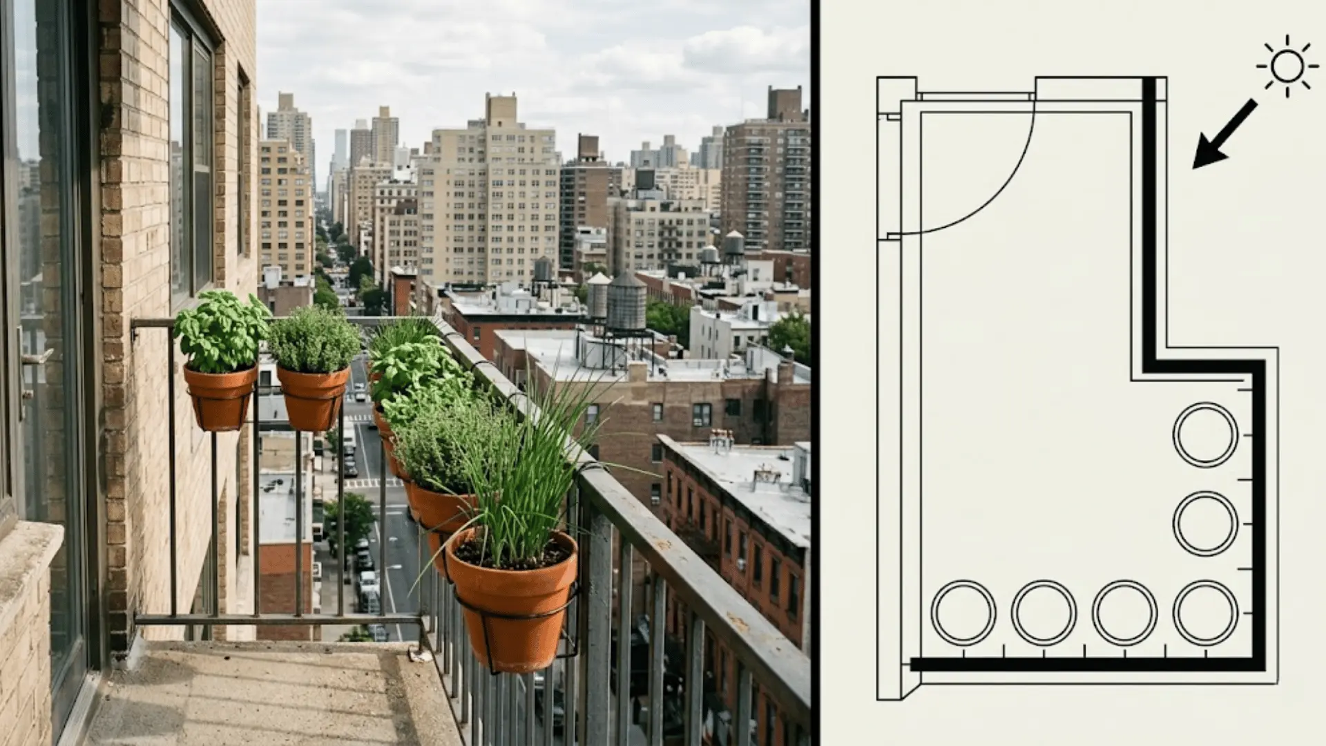 balcony railing planters with herbs next to a simple layout diagram