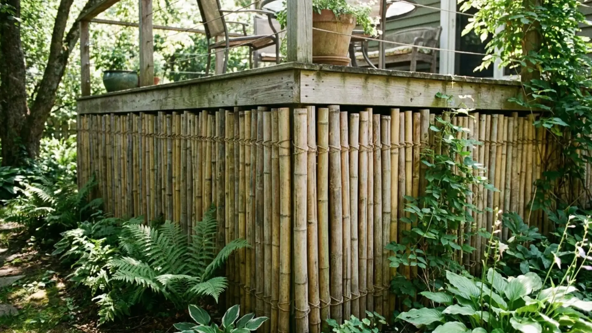 bamboo pole deck skirting with rope ties surrounded by ferns and hostas