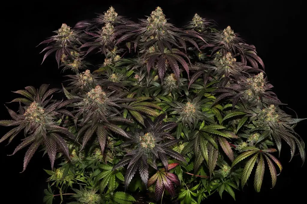 Dense cannabis plant with purple and green leaves against black background