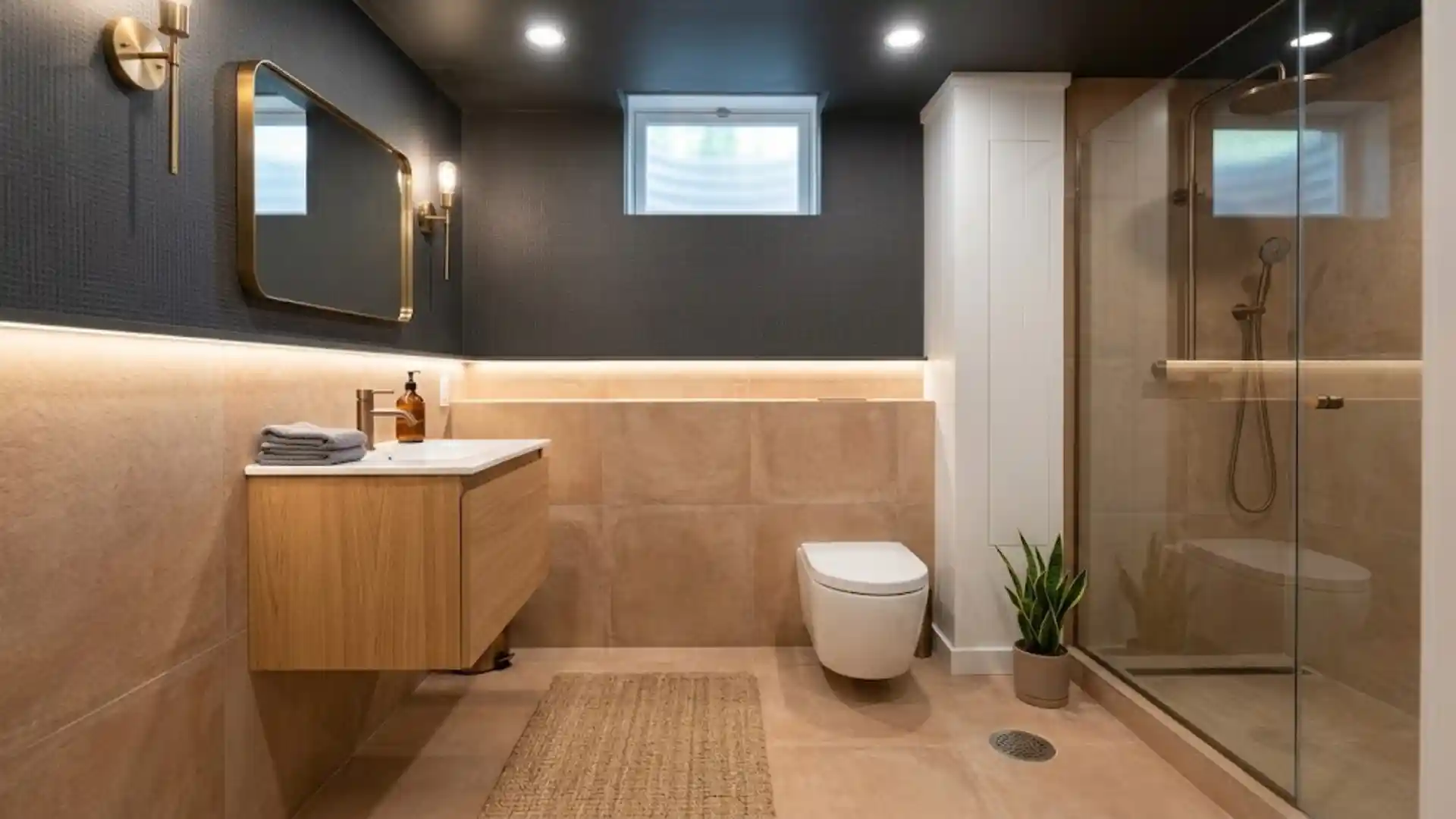 basement 3/4 bathroom with charcoal wallpaper and layered warm lighting